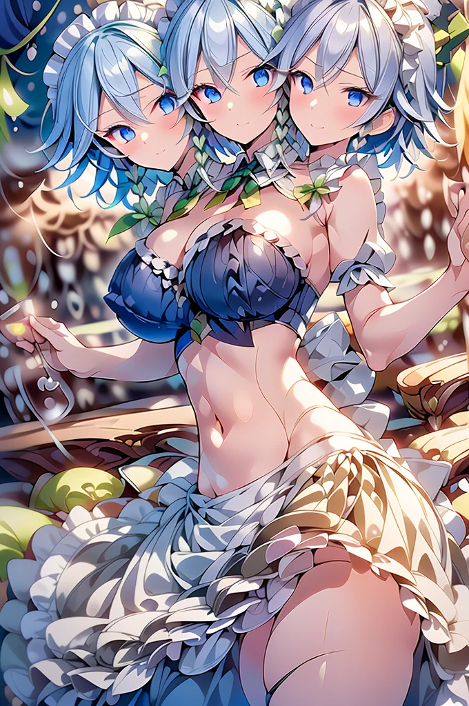 (masterpiece, best quality), best quality, best resolution, (ultra-detailed), (3heads:1.5), 1girl, (izayoi sakuya:1.3), masterpiece, (best quality:1.5, highres, UHD), highres, absurdo, ultra detail, ultra quality, Ultra resolution, dark blue top, crop top, ((stomach)), midriff, ((groin)), dark blue skirt, normal ears, shackles, grey hair, very long hair, wavy hair, sidelocks, blue eyes, parted lips, sweat, cute, toned belly, hand on own chest, eyelashes, (24 year old woman:1.3), (masterpiece:1.5), (best quality:1.5), (beautiful detailed), extremely detailed CG, extremely delicate and beautiful, depth of field, (finely detailed face), (perfect details:1.2), (mature female:1.3), wide pelvis, slender, large veiny breast, 16k resolution, high quality, high definition, extremely detailed, masterpiece, best quality, grey hair, long hair, alluring presence, braid, short skirt, close up, big tits, young, hair ribbon, maid headdress, side braid, (girl with three heads),