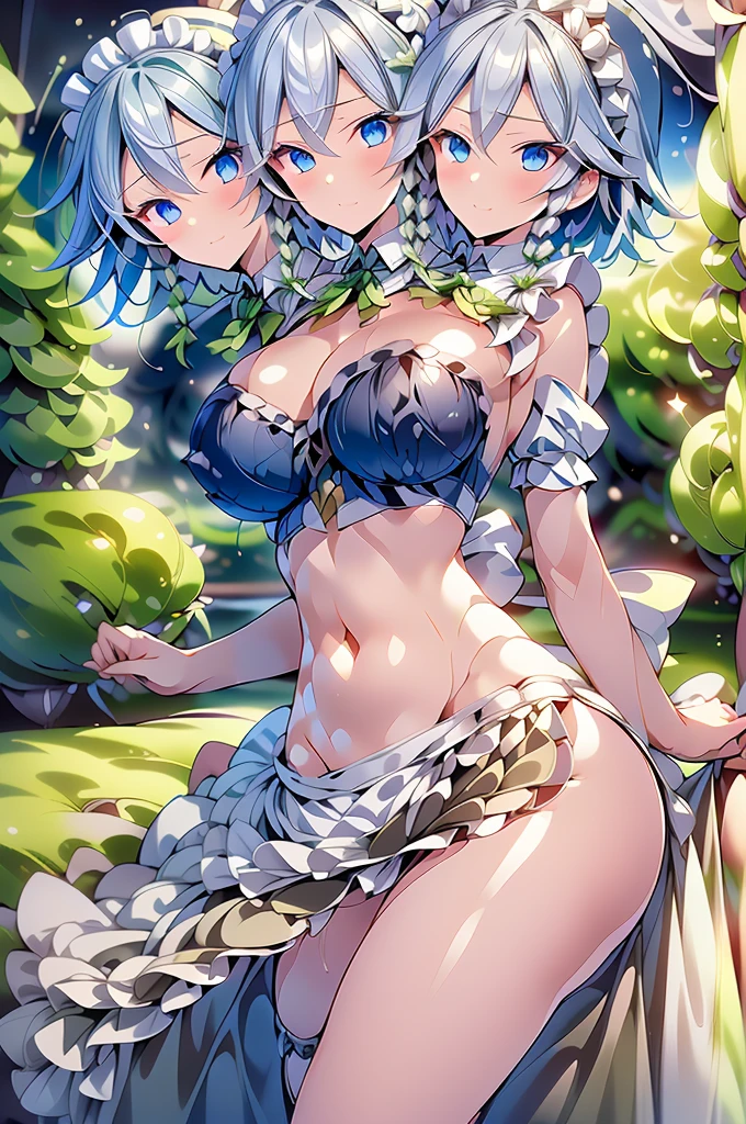 (masterpiece, best quality), best quality, best resolution, (ultra-detailed), (3heads:1.5), 1girl, (izayoi sakuya:1.3), masterpiece, (best quality:1.5, highres, UHD), highres, absurdo, ultra detail, ultra quality, Ultra resolution, dark blue top, crop top, ((stomach)), midriff, ((groin)), dark blue skirt, normal ears, shackles, grey hair, very long hair, wavy hair, sidelocks, blue eyes, parted lips, sweat, cute, toned belly, hand on own chest, eyelashes, (24 year old woman:1.3), (masterpiece:1.5), (best quality:1.5), (beautiful detailed), extremely detailed CG, extremely delicate and beautiful, depth of field, (finely detailed face), (perfect details:1.2), (mature female:1.3), wide pelvis, slender, large veiny breast, 16k resolution, high quality, high definition, extremely detailed, masterpiece, best quality, grey hair, long hair, alluring presence, braid, short skirt, close up, big tits, young, hair ribbon, maid headdress, side braid, (girl with three heads),