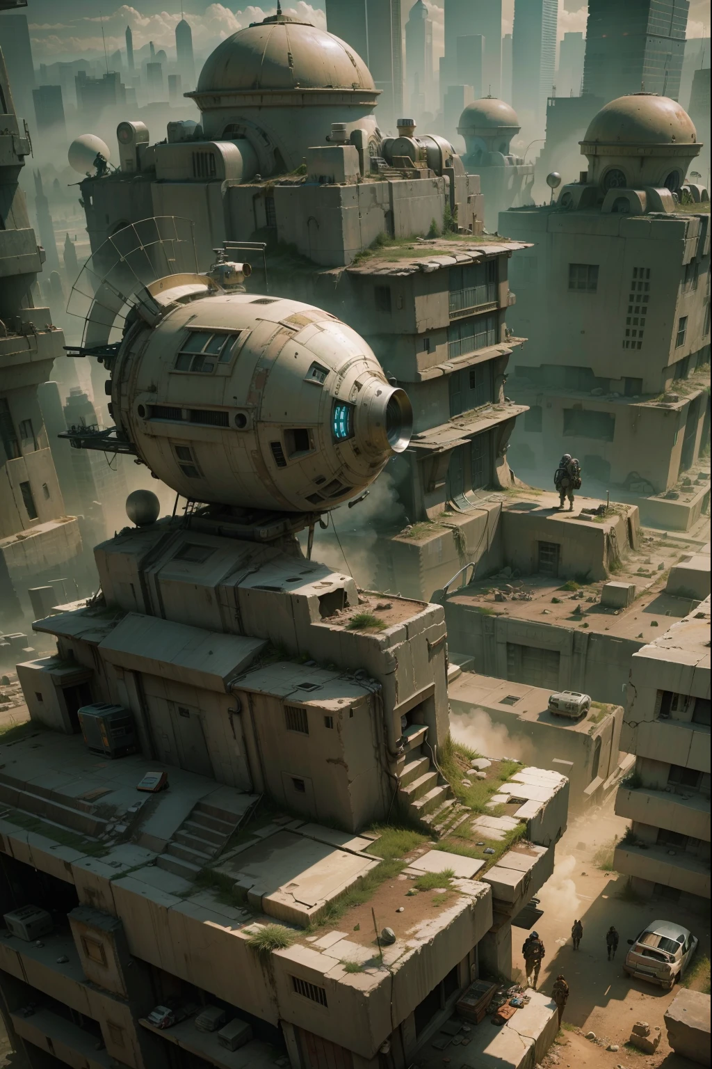Technologically advanced and highly detailed ancient aliens in a post-apocalyptic cityscape.