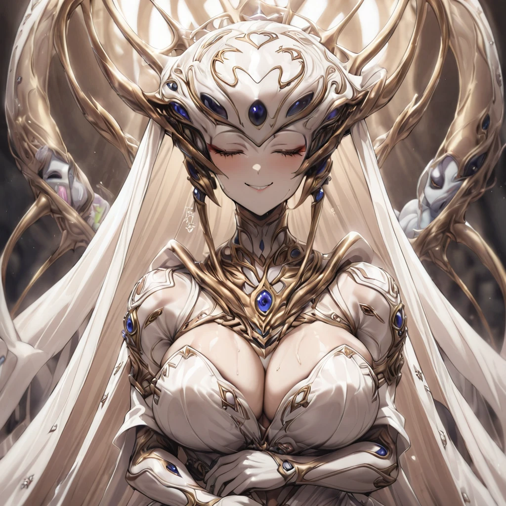 ((highest quality)), ((masterpiece)), (detailed), (Perfect Face)、(The woman is Princess Leona, with long, straight light brown hair, a slender figure but average breasts, a gentle smile, and a friendly relationship with the alien. They get married in a wedding ceremony.)、A strange alien and a woman are in an alien nest, married to an alien, snuggling up together and smiling while holding a baby.、The woman is wearing an alien decorated wedding dress and an alien decorated wedding veil and is also wearing alien decorations and an alien engagement ring.、There are many children born to women around