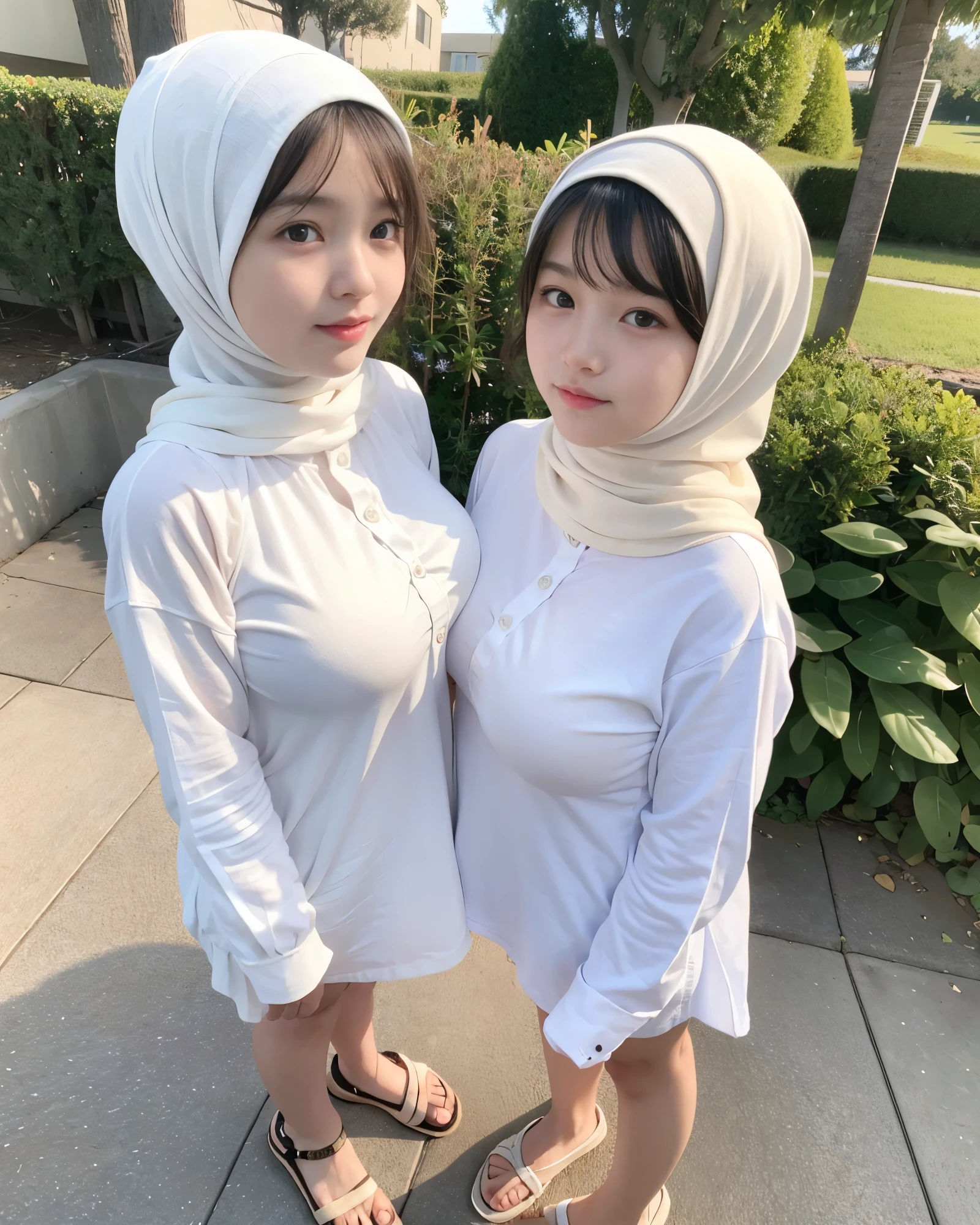adorable, 2 girl, (face to face), 10 years old, baby face, happy, full body portrait, (face details: 1), (eye details: 1), ((big breasts)). wearing white long shirt, hijab, .. Cute posed. proportional body. Ultra High Res. realistic: 1.4, UHD