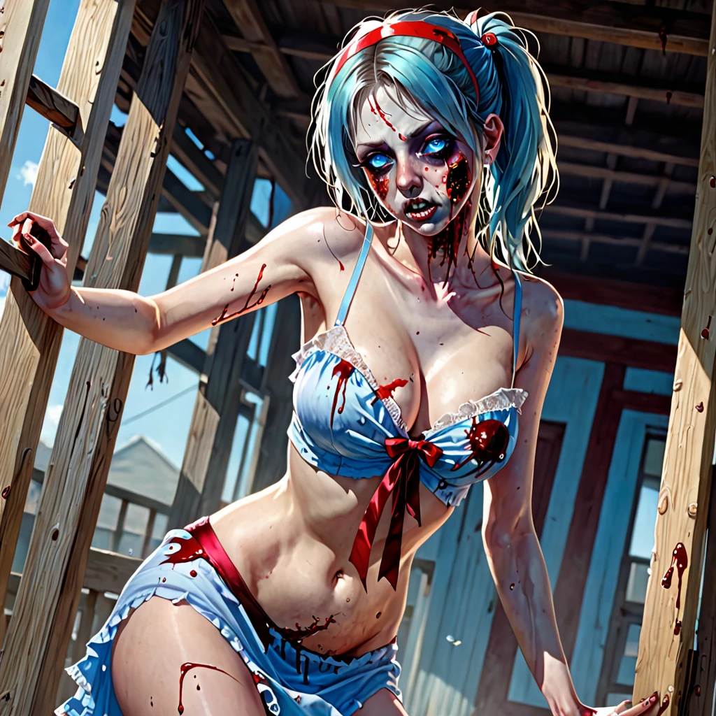 (finely detailed beautiful eyes and detailed zombie face,masterpiece sidelighting,masterpiece,best quality,detailed,high resolution illustration),, (depraved topless zombie girl,whole body,sundress,lustrous skin,looking down,looking at viewer),, (blood hair,blue eyes,ribbon, sheer clothes), (clothed_underbust:1.2),underboob