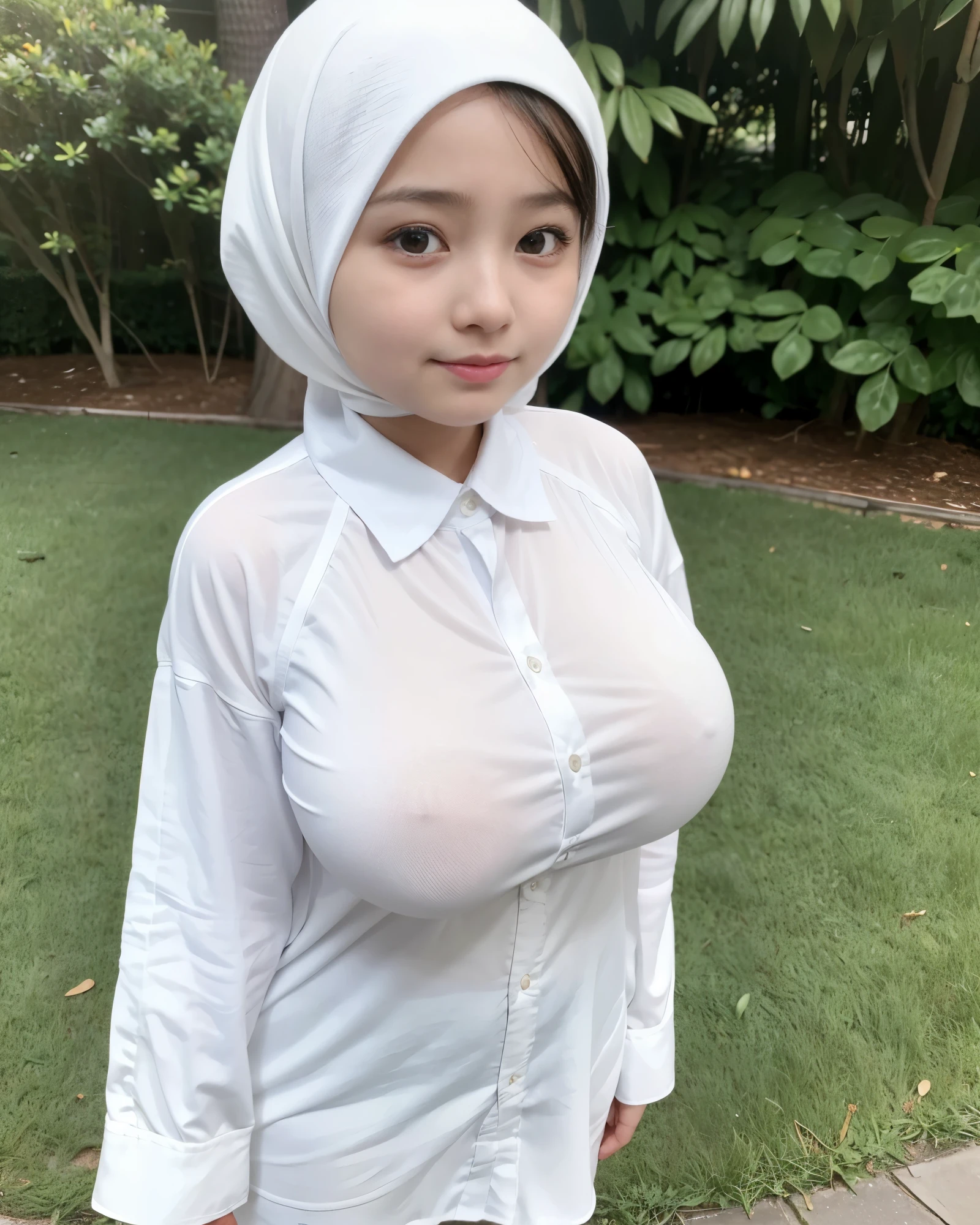 adorable, 2 girl, (face to face), ************, *********, happy, full body portrait, (face details: 1), (eye details: 1), ((big breasts)). wearing white long shirt, hijab, .. Cute posed. proportional body. Ultra High Res. realistic: 1.4, UHD