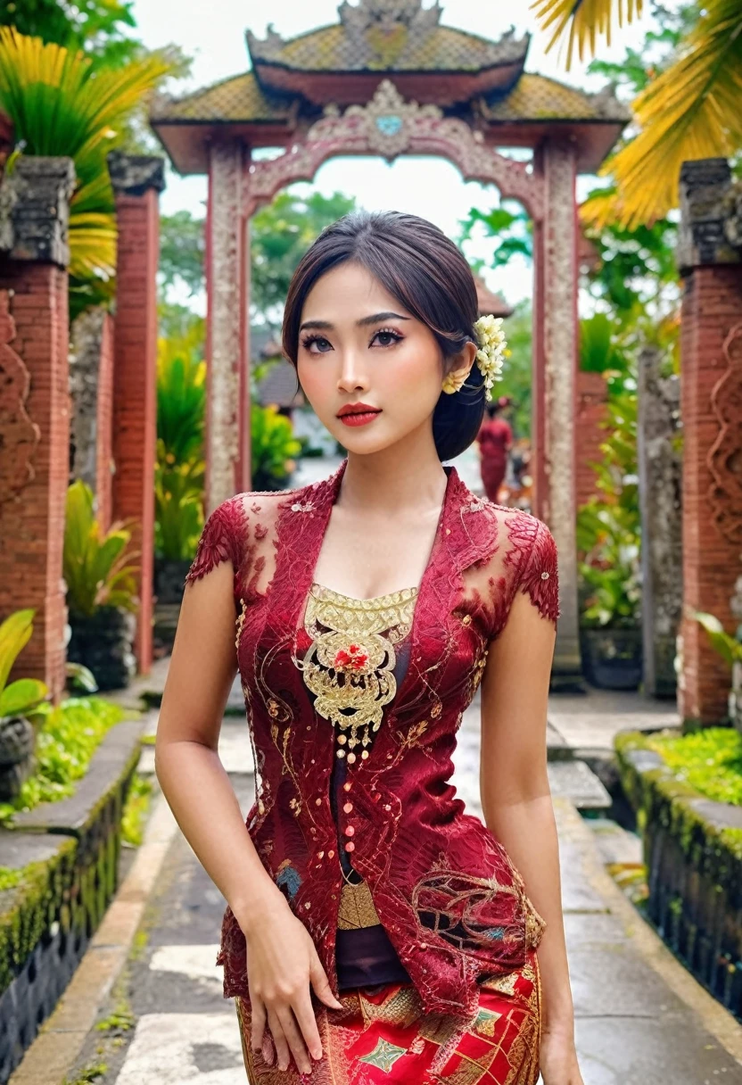 Illustration of a beautiful girl close up wearing a red kebaya with a Balinese gate in the background. Make sure the image is photorealistic and the best quality HDR 8K, capturing every detail of the intricate scene., kebaya, Indonesian kebaya, p3rfect , cleavage