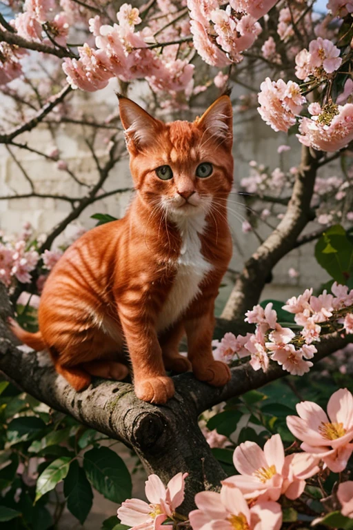 make an illustration of a red kitten on a flowering tree in a fairyland