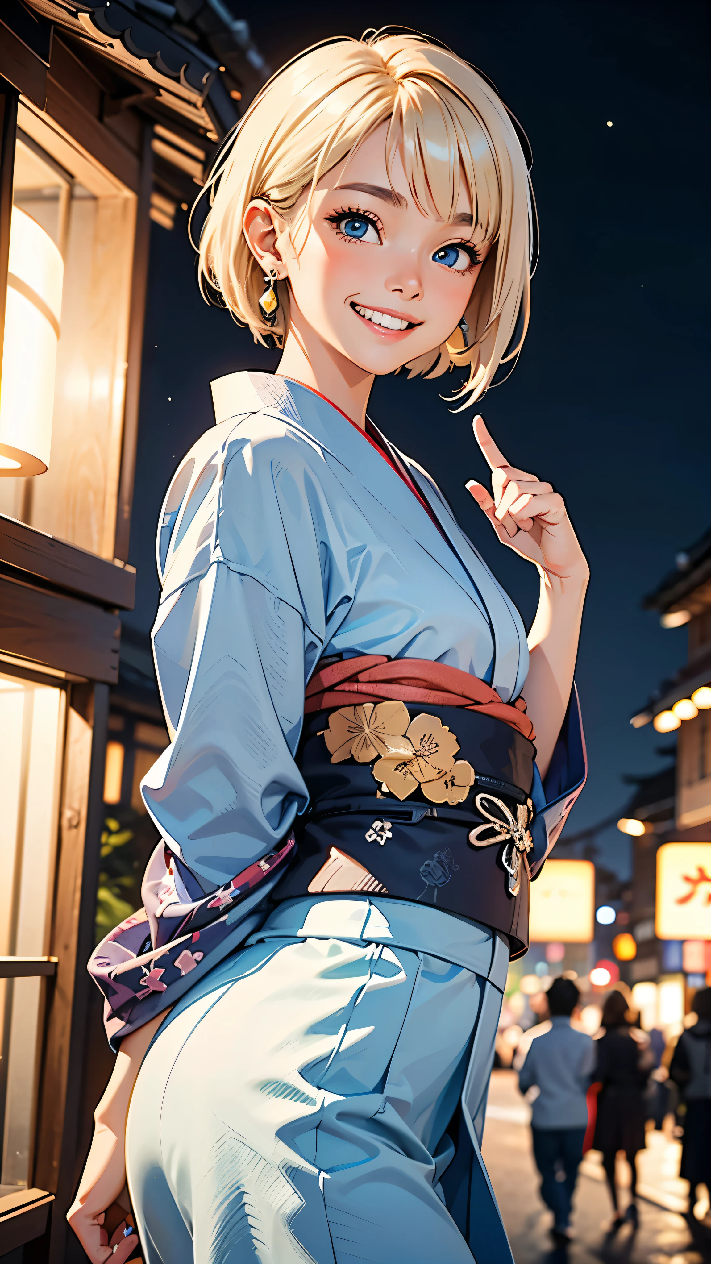 (RAW photo, best quality), (Beauty photography:1.3),(masterpiece), Composition from the waist up,Facing forward、Age 25、((Western women)),((Blue Eyes))((Blonde Hair)), ((Shortcuts)),looking at the viewer, standing, ((Giddy-Smile:2)), earrings, outdoors, Detailed traditional Japanese kimono,asymmetric_bangs,Tokyo night view, Japan、((formal japanese kimono))、((Background blur)),((sony A7R 80mm f1.6 Lenses))