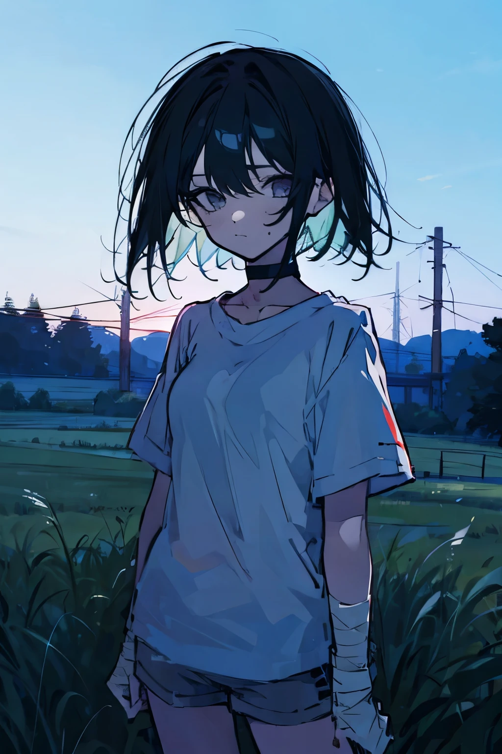Girl, short black hair, bandage on left cheek, black choker, long white short-sleeved T-shirt, grey shorts, summer, countryside, evening