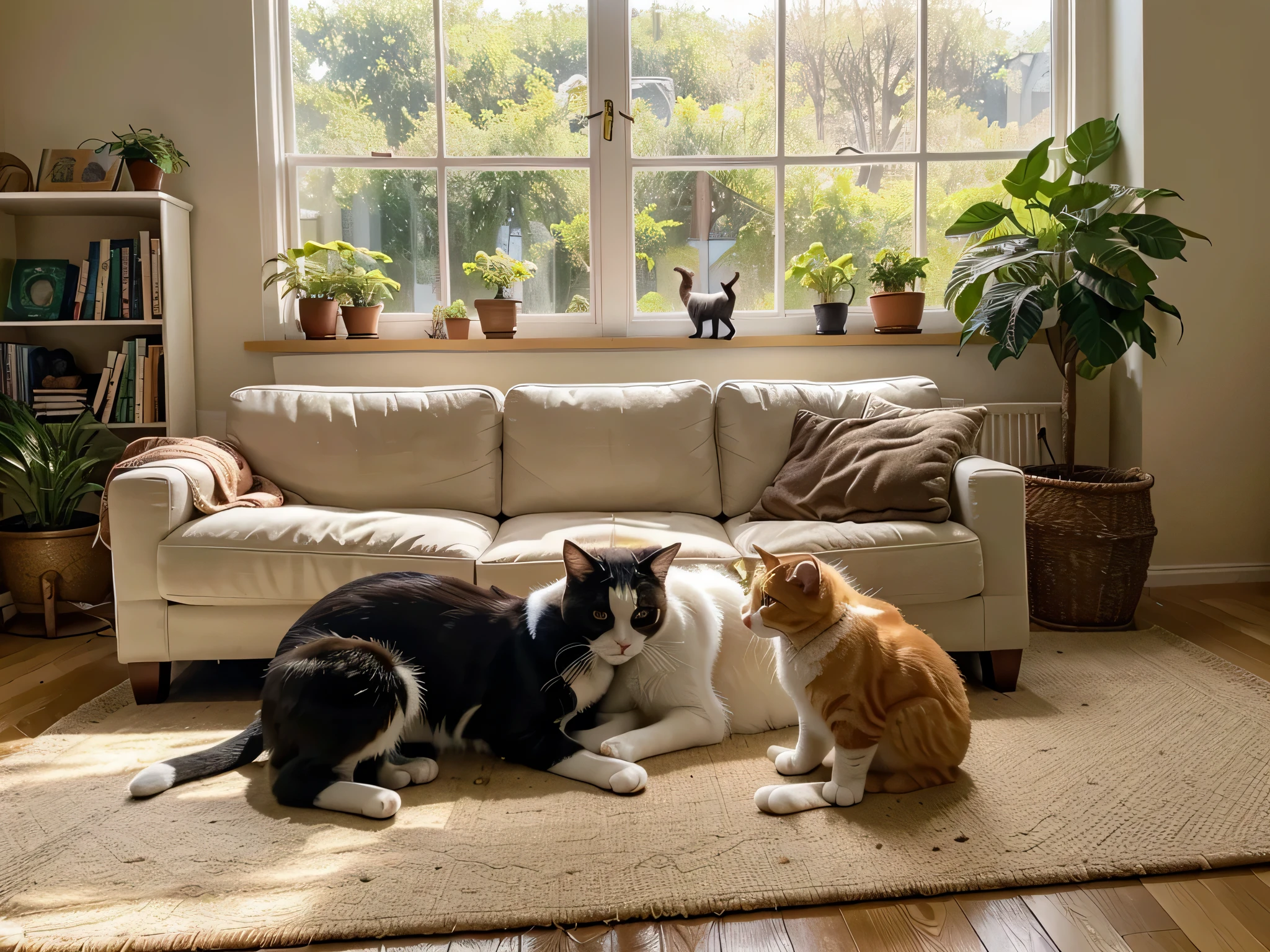 A charming scene featuring a group of cats in a cozy, sunlit room. The cats are of various breeds and colors, lounging on a plush sofa, playing with toys, and exploring their surroundings. One cat, a majestic Maine Coon, is perched on a windowsill, gazing outside at a blooming garden. A curious Siamese kitten is batting at a dangling feather toy, while a calico cat naps contentedly in a sunbeam. The room is filled with warm, soft light streaming through large windows, casting gentle shadows. There are potted plants, a bookshelf with neatly arranged books, and a cozy rug adding to the inviting atmosphere. The image should be highly detailed, capturing the textures of the cats' fur, the softness of the furniture, and the vibrant colors of the plants and toys. The overall vibe is serene and heartwarming, showcasing the playful and relaxing nature of cats.