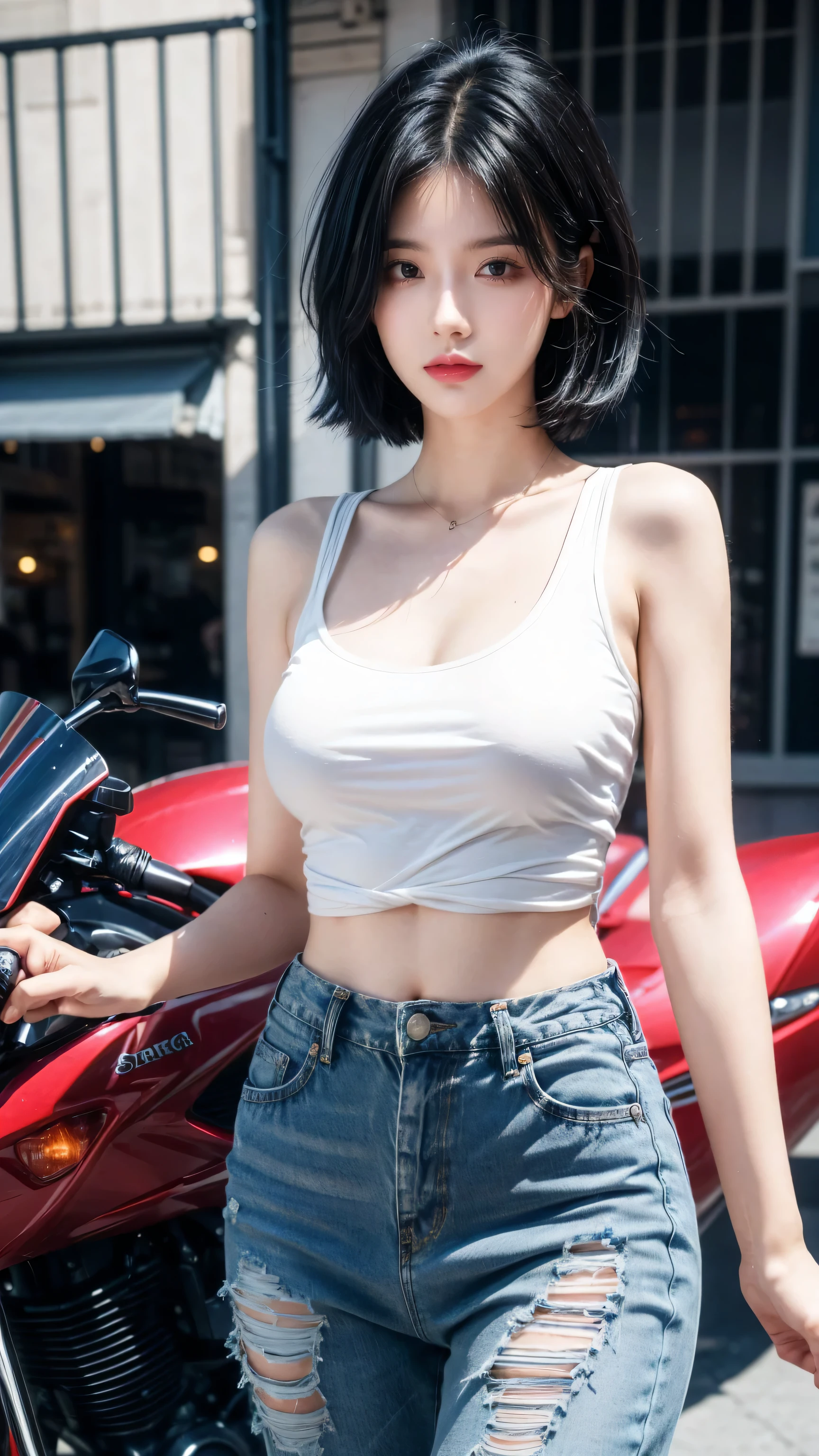 best quality, 1 Girl, dark blue hair, black eyes, Very short hair, Spiky hair, shirt and High waist short jeans, 171 cm, Messy hair, Hair between the eyes, Medium breasts, full, Tomboy, aldult, 20 years old, 1 Girl near red motorcycle , at the seaport