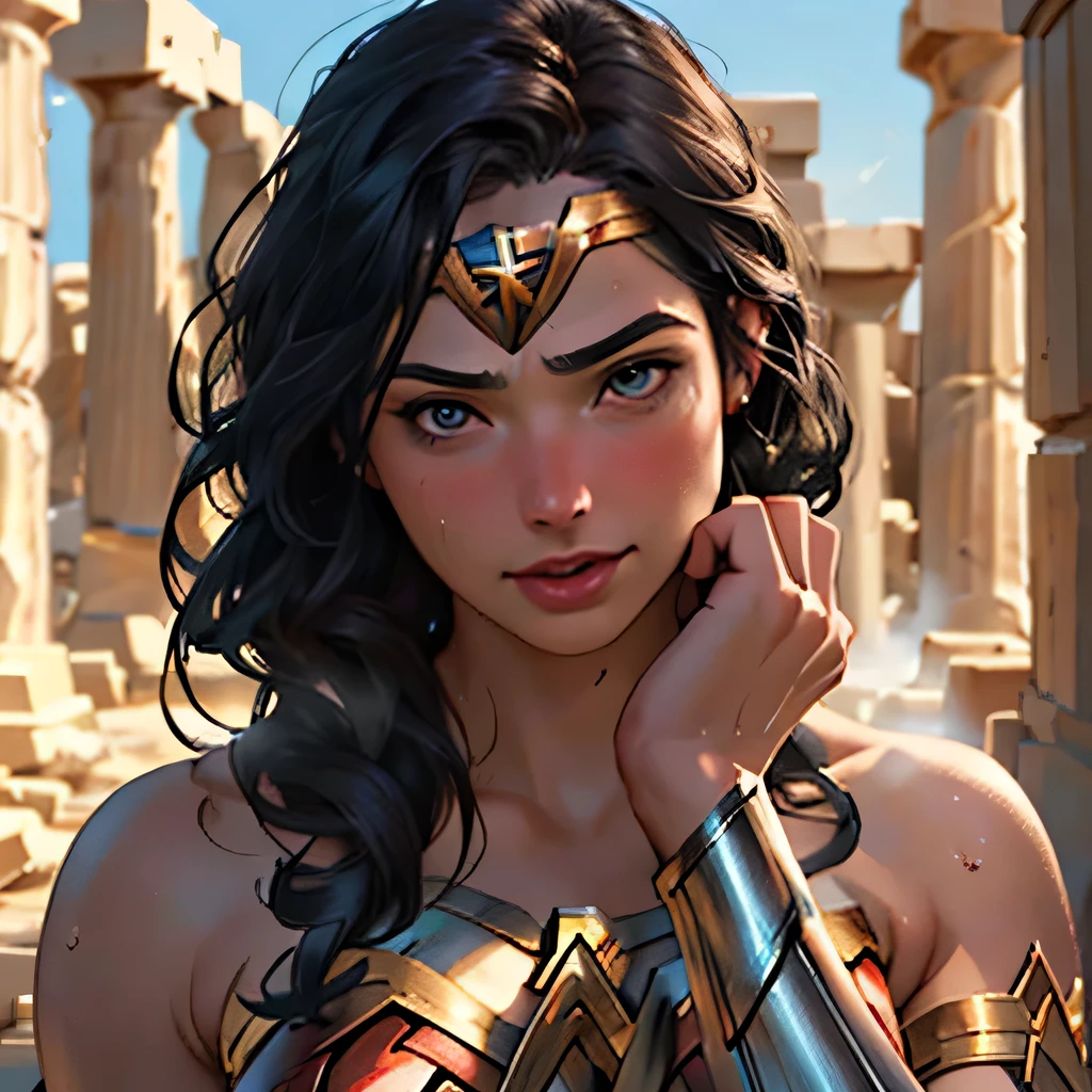 (masterpiece:1.3), (8k, Realistic, RAW Photos, highest quality: 1.4), ((One girl)), ((Gal Gadot, WONDER WOMAN)), Beautiful Face, (Realistic Face), Beautiful hairstyle, Realistic eyes, Beautiful fine details, (Realistic Skin), Beautiful Skin, Absurd, Charm, Ultra-high resolution, Ultra-realistic, Very detailed, Golden Ratio, (Best Shadow), Cinematic, (Complex:1.4), (Accurate hand and finger depiction), smile, Sweat, Flushing, Voluptuous body, NSFW ((Cheek rubbing on the penis)), ((1boy, 1penis:1.1)), BREAK ((Inside the ruins of a Greek temple)), (steam:1.2), cowboy shot