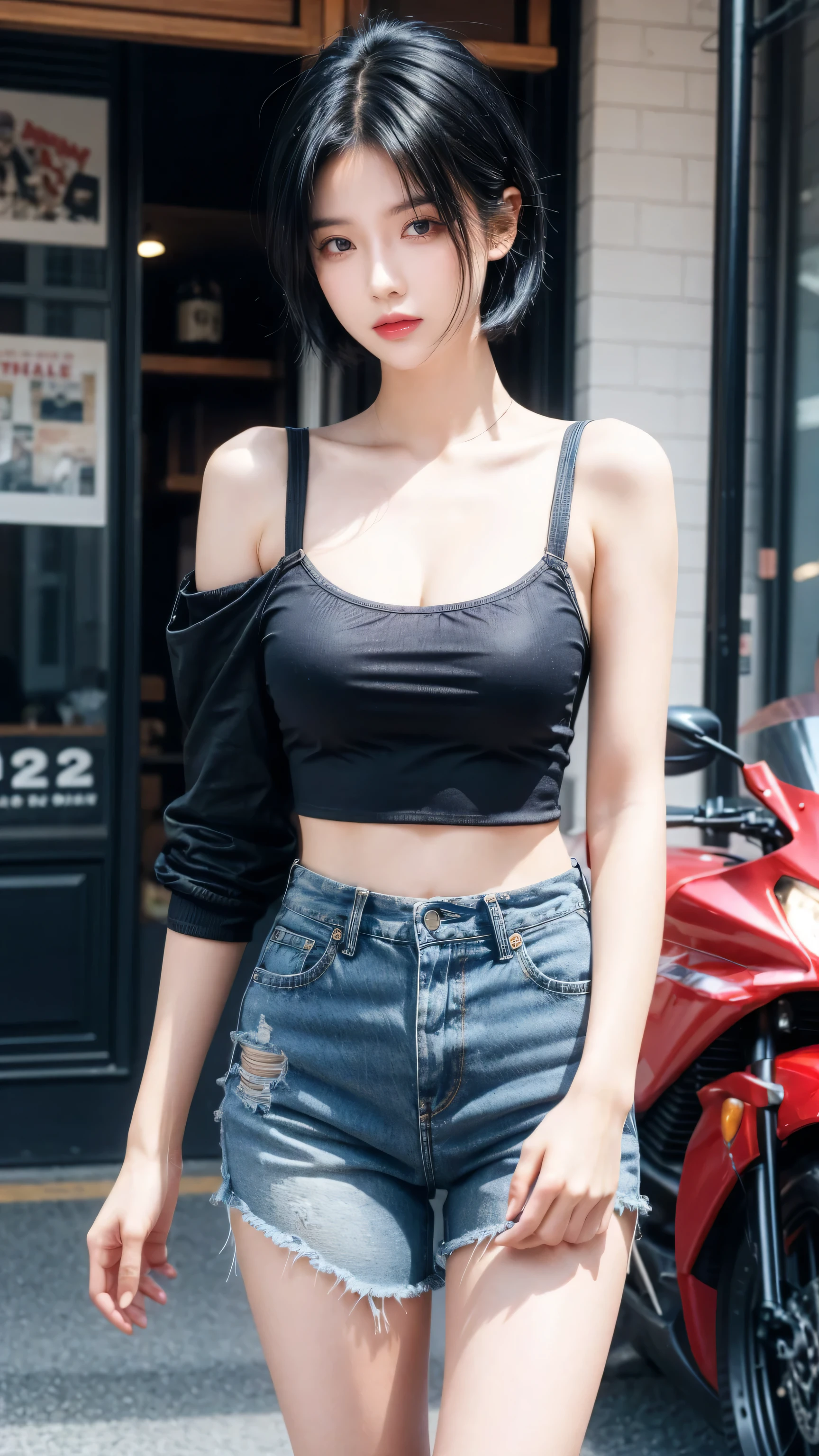 best quality, 1 Girl, dark blue hair, black eyes, Very short hair, Spiky hair, shirt and High waist short jeans, 171 cm, Messy hair, Hair between the eyes, Medium breasts, full, Tomboy, aldult, 20 years old, 1 Girl near red motorcycle , at the seaport
