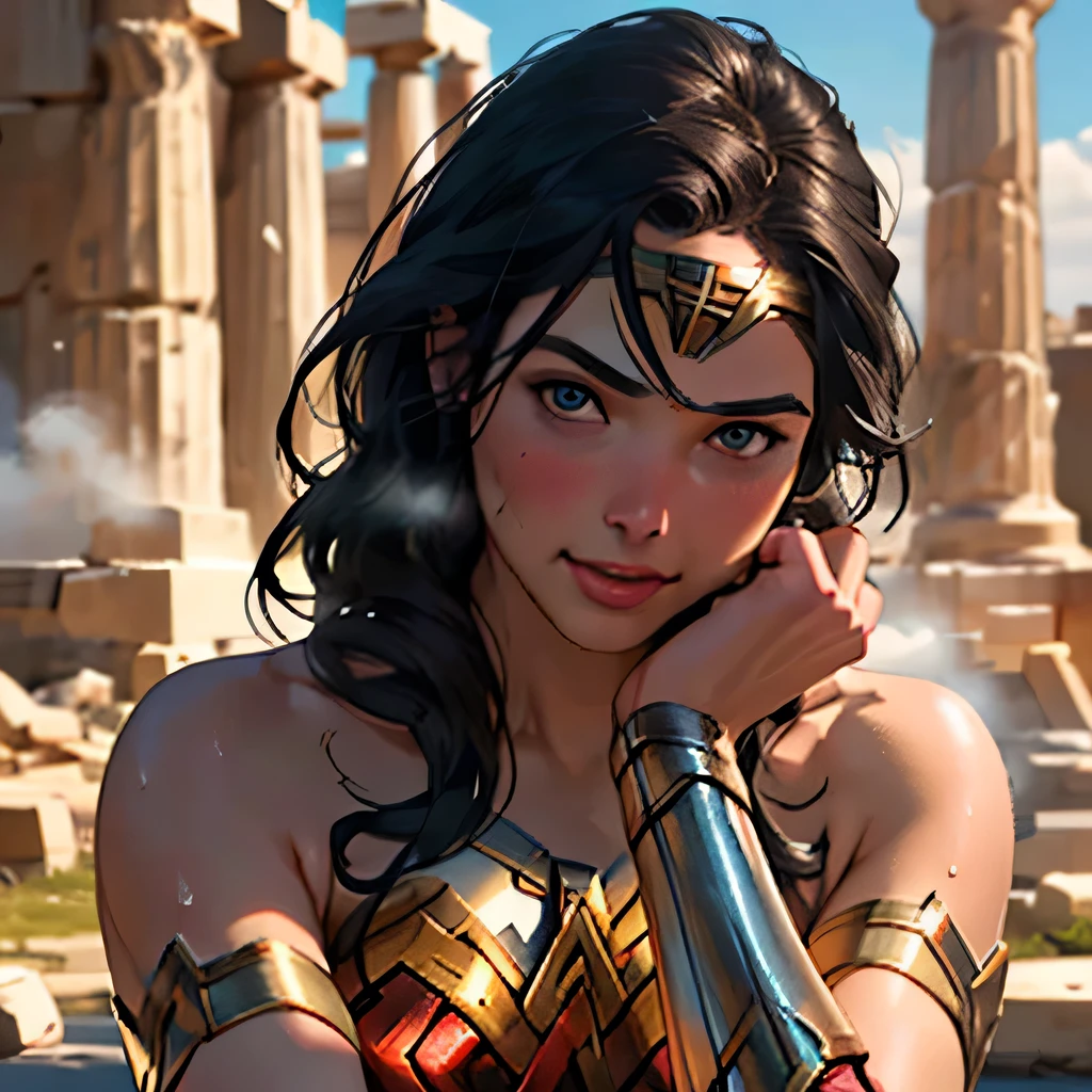 (masterpiece:1.3), (8k, Realistic, RAW Photos, highest quality: 1.4), ((One girl)), ((Gal Gadot, WONDER WOMAN)), Beautiful Face, (Realistic Face), Beautiful hairstyle, Realistic eyes, Beautiful fine details, (Realistic Skin), Beautiful Skin, Absurd, Charm, Ultra-high resolution, Ultra-realistic, Very detailed, Golden Ratio, (Best Shadow), Cinematic, (Complex:1.4), (Accurate hand and finger depiction), smile, Sweat, Flushing, Voluptuous body, NSFW ((Cheek rubbing on the penis)), ((1boy, 1penis:1.1)), BREAK ((Inside the ruins of a Greek temple)), (steam:1.2), cowboy shot