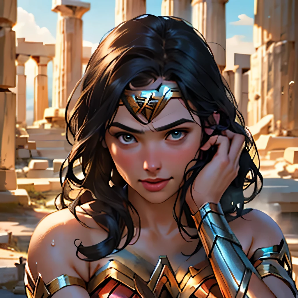 (masterpiece:1.3), (8k, Realistic, RAW Photos, highest quality: 1.4), ((One girl)), ((Gal Gadot, WONDER WOMAN)), Beautiful Face, (Realistic Face), Beautiful hairstyle, Realistic eyes, Beautiful fine details, (Realistic Skin), Beautiful Skin, Absurd, Charm, Ultra-high resolution, Ultra-realistic, Very detailed, Golden Ratio, (Best Shadow), Cinematic, (Complex:1.4), (Accurate hand and finger depiction), smile, Sweat, Flushing, Voluptuous body, NSFW ((Cheek rubbing on the penis)), ((1boy, 1penis:1.1)), BREAK ((Inside the ruins of a Greek temple)), (steam:1.2), cowboy shot