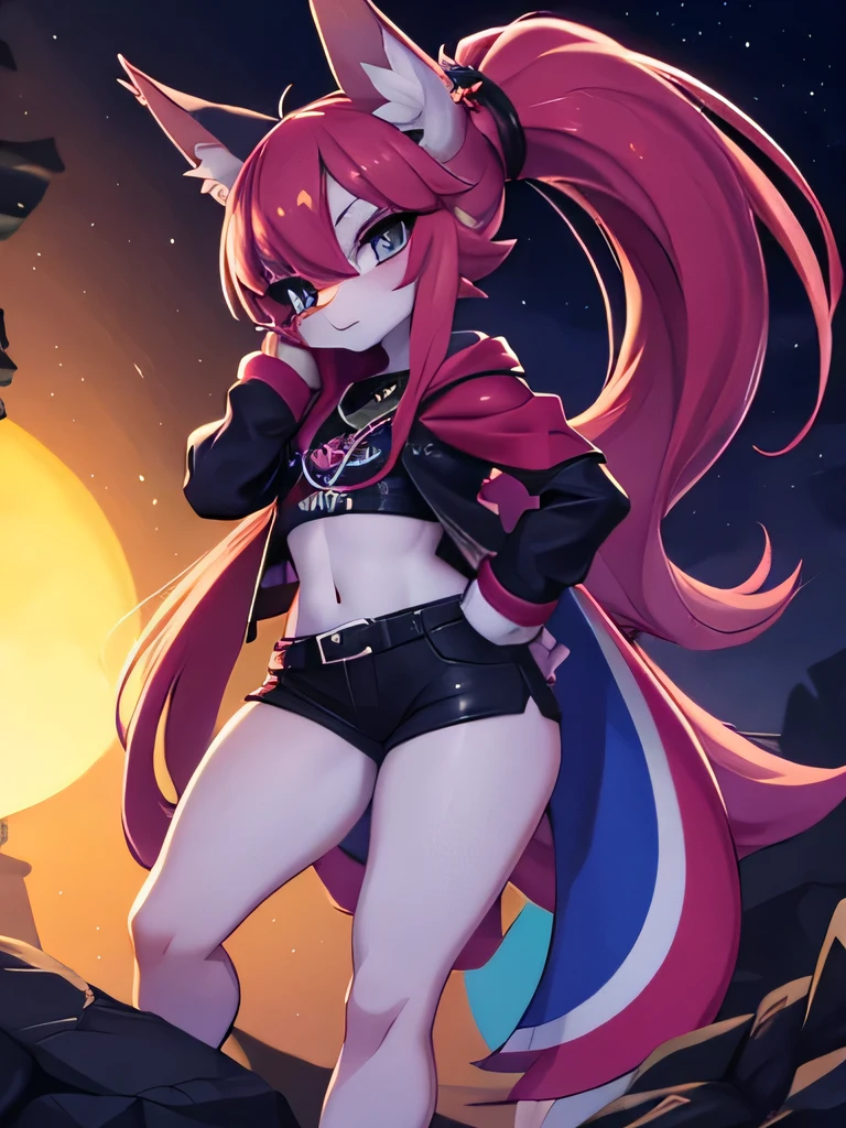 Una lycanrock midnigth con ropa estilo pokefuturista, y poses sexys
