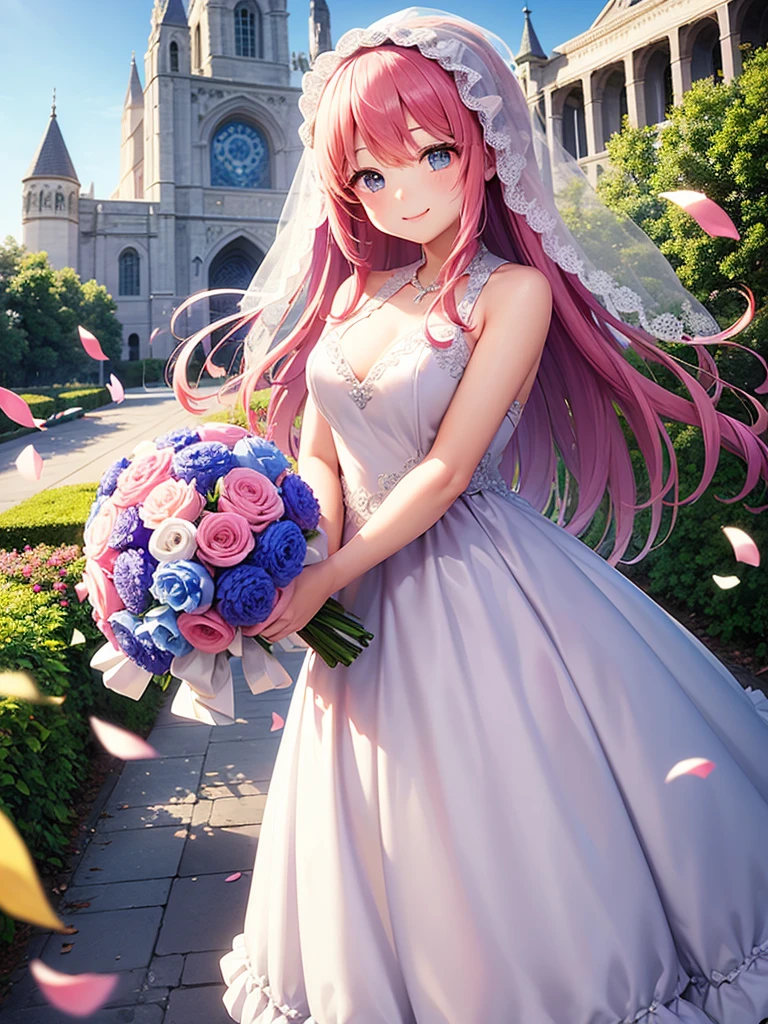 highest quality、Masterpiece、Wide blue sky、church、One girl、Pink Hair、Hair tied up、Veil on the head、Wedding dress、Holding a bouquet、Confetti、smile、Many guests、Standing pose