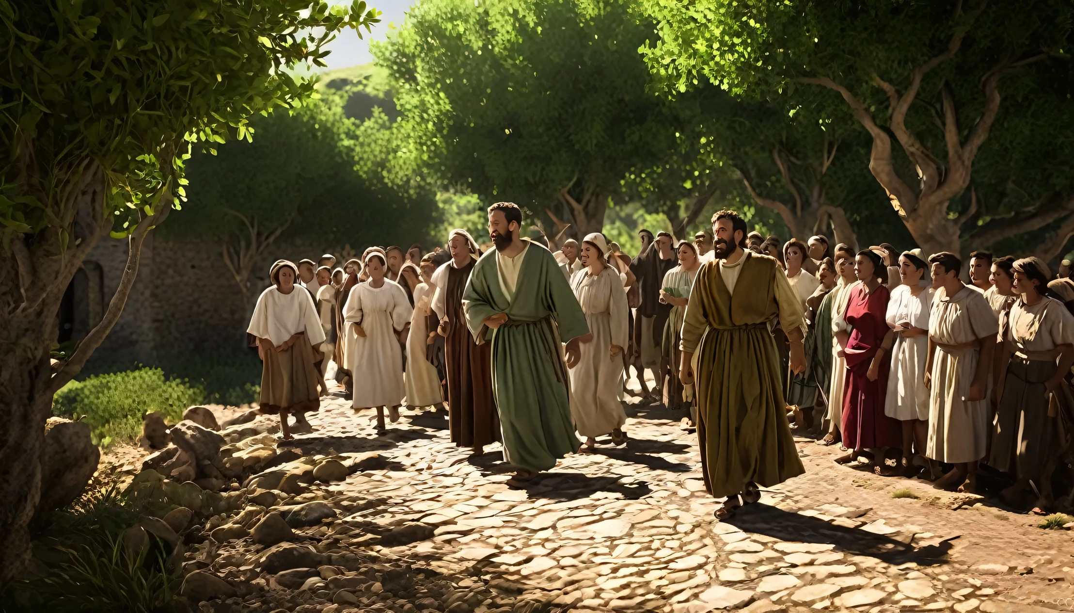 Create a high-quality image with advanced levels of detail, representing the apostle Peter on one of his journeys preaching the Gospel. A cena deve capturar Pedro em um ambiente natural, talvez em uma estrada ou em um pequeno vilarejo, cercado por um grupo diversificado de pessoas, incluindo homens, women and children, all in simple period costumes. Pedro must be shown with an inspiring and engaging expression, gesticulando enquanto fala. The environment should include details such as trees, fields and perhaps some rustic buildings in the background, reflecting the simplicity of the time and the itinerant nature of his preaching. A luz do sol deve ser suave, iluminando a cena de forma natural e realista, highlighting the figure of Pedro and the attention of the people around him."

This prompt should guide you in creating a detail-rich image, that captures the essence of the apostle Peter&#39;s journeys preaching the Gospel.