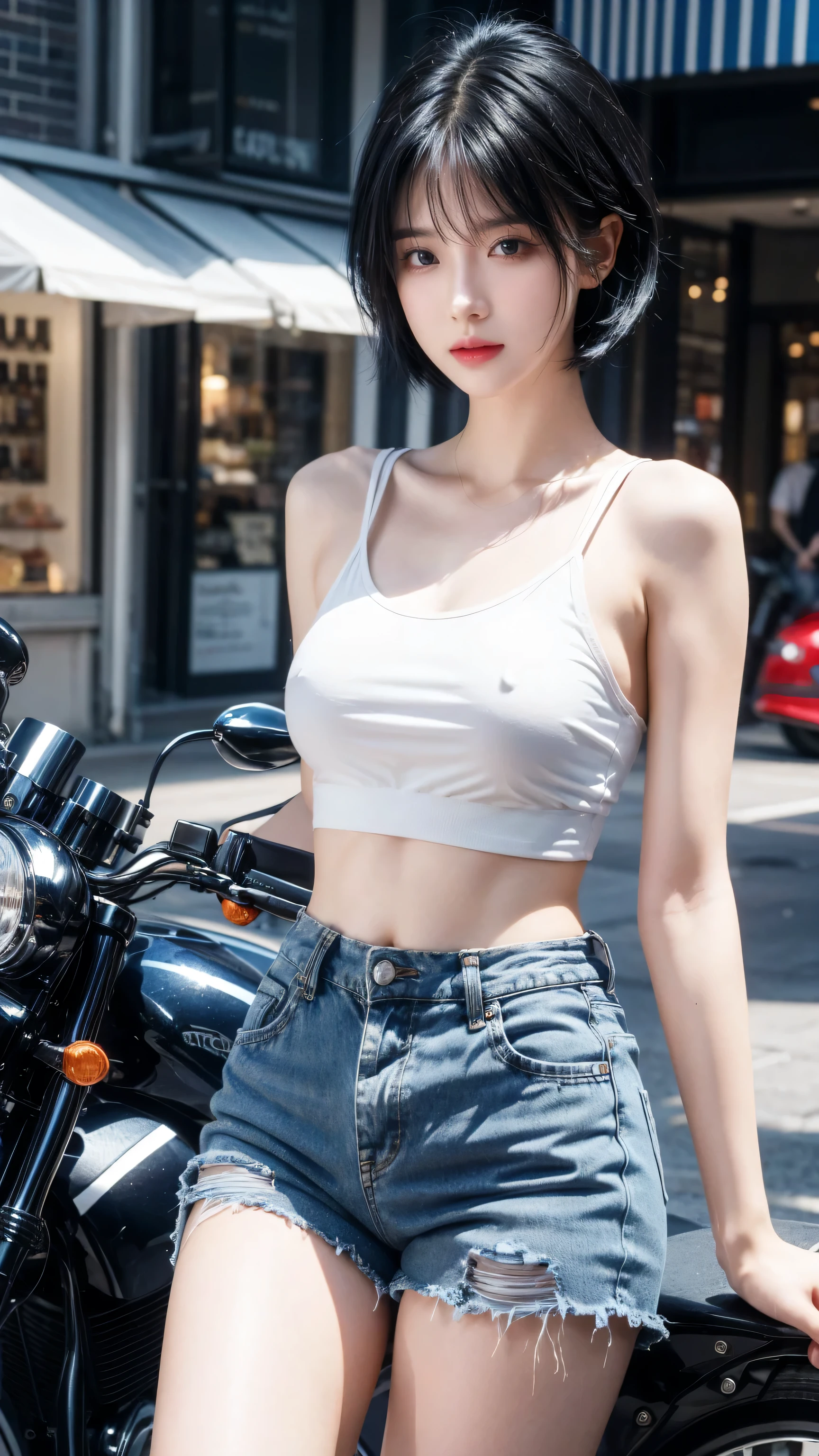 best quality, 1 Girl, dark blue hair, black eyes, Very short hair, Spiky hair, shirt and High waist short jeans, 171 cm, Messy hair, Hair between the eyes, Medium breasts, full, Tomboy, aldult, 20 years old, 1 Girl near red motorcycle , at the seaport
