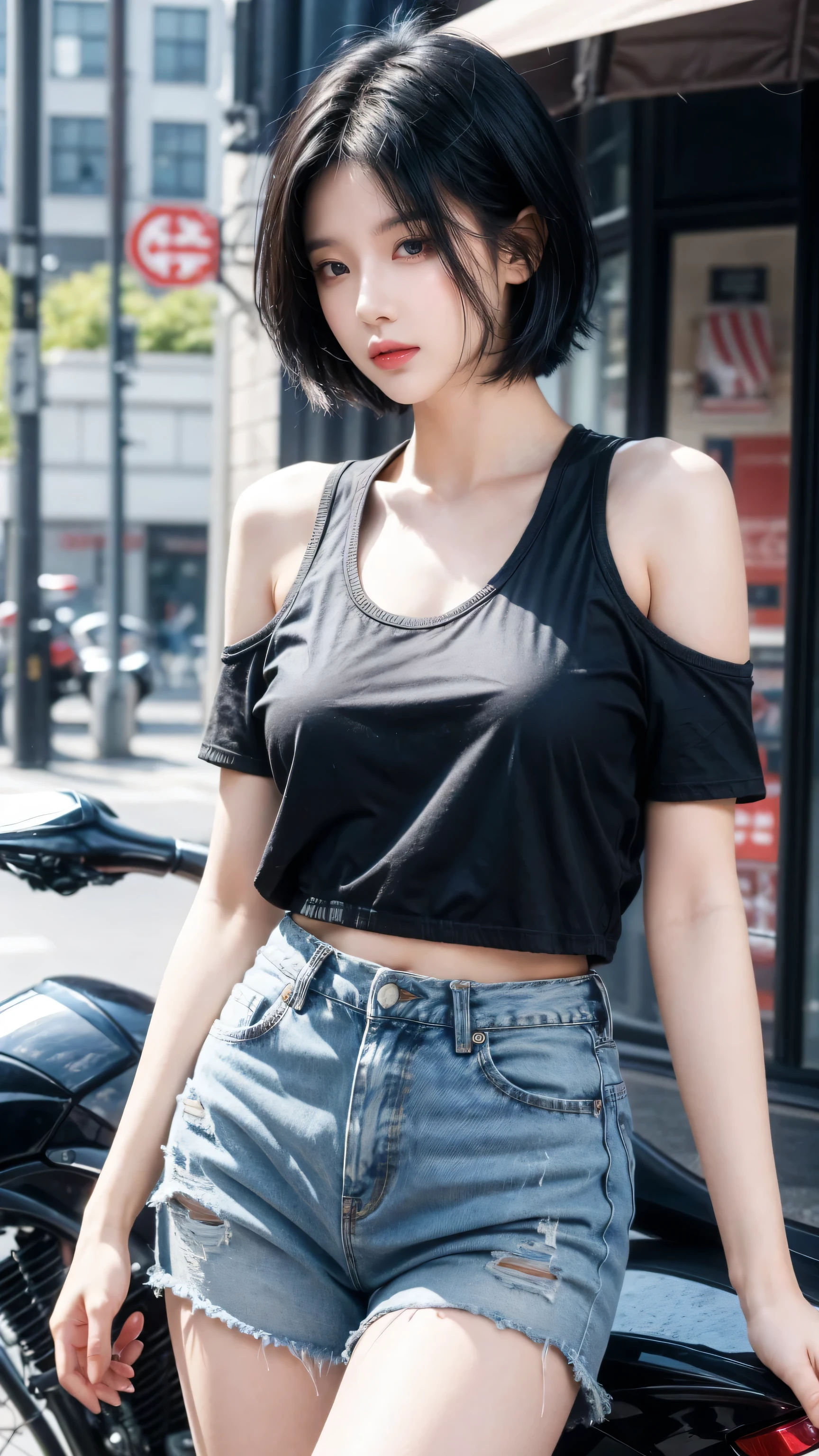 best quality, 1 Girl, dark blue hair, black eyes, Very short hair, Spiky hair, shirt and High waist short jeans, 171 cm, Messy hair, Hair between the eyes, Medium breasts, full, Tomboy, aldult, 20 years old, 1 Girl near red motorcycle , at the seaport