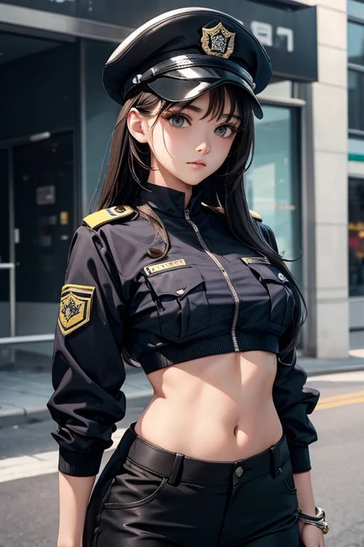 Girl in crop top security guard uniform, showing navel, pants
