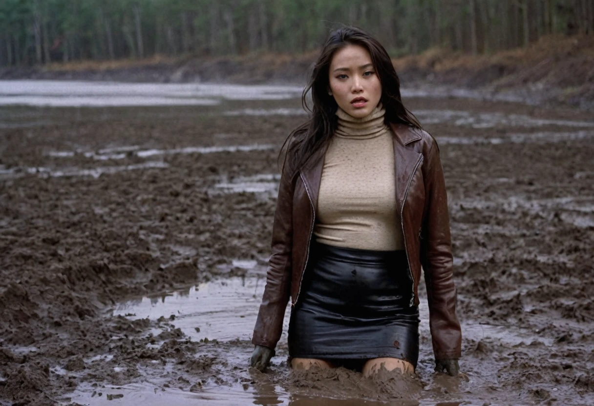 full frame:1.3, 8k, ultra-detailed, grainy film photo, masterpiece,muted colors, muffled light, horror atmosphere:1.3, moody light:1.0, dynamically repeat pulls down herself on back in mud during intensive dry-humping:1.4, natural skin texture,brown turtleneck sweater, leather jacket, pencil skirt, looking towards,woman drowning in forest mud bog, messy long brunette hair, depraved,asian:0.5,beige, brown, red, full frame