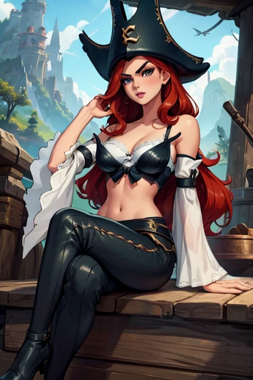 miss fortune \(league of legends\), 1girl, pirate hat, bra, strap slip, bare shoulders, detached sleeves, wide sleeves, pants , she has arched eyebrows , sitting , crossed legs , in wooden harbor and pirate boat and rainforest mountain background