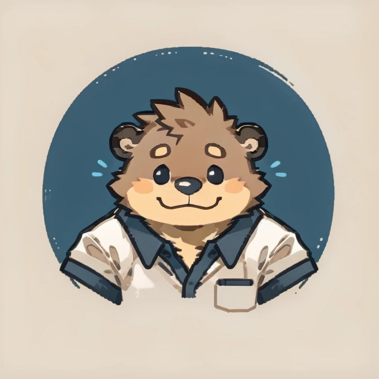 otter face,Cute face,Humanity(otter), (White short sleeve:1.3),Chubby,(white eyebrows:1.1),(Upper body naked:1.2),(perfect black eyes),Simple background, Blue Background,print style。(Artist:Takemoto Arashi)