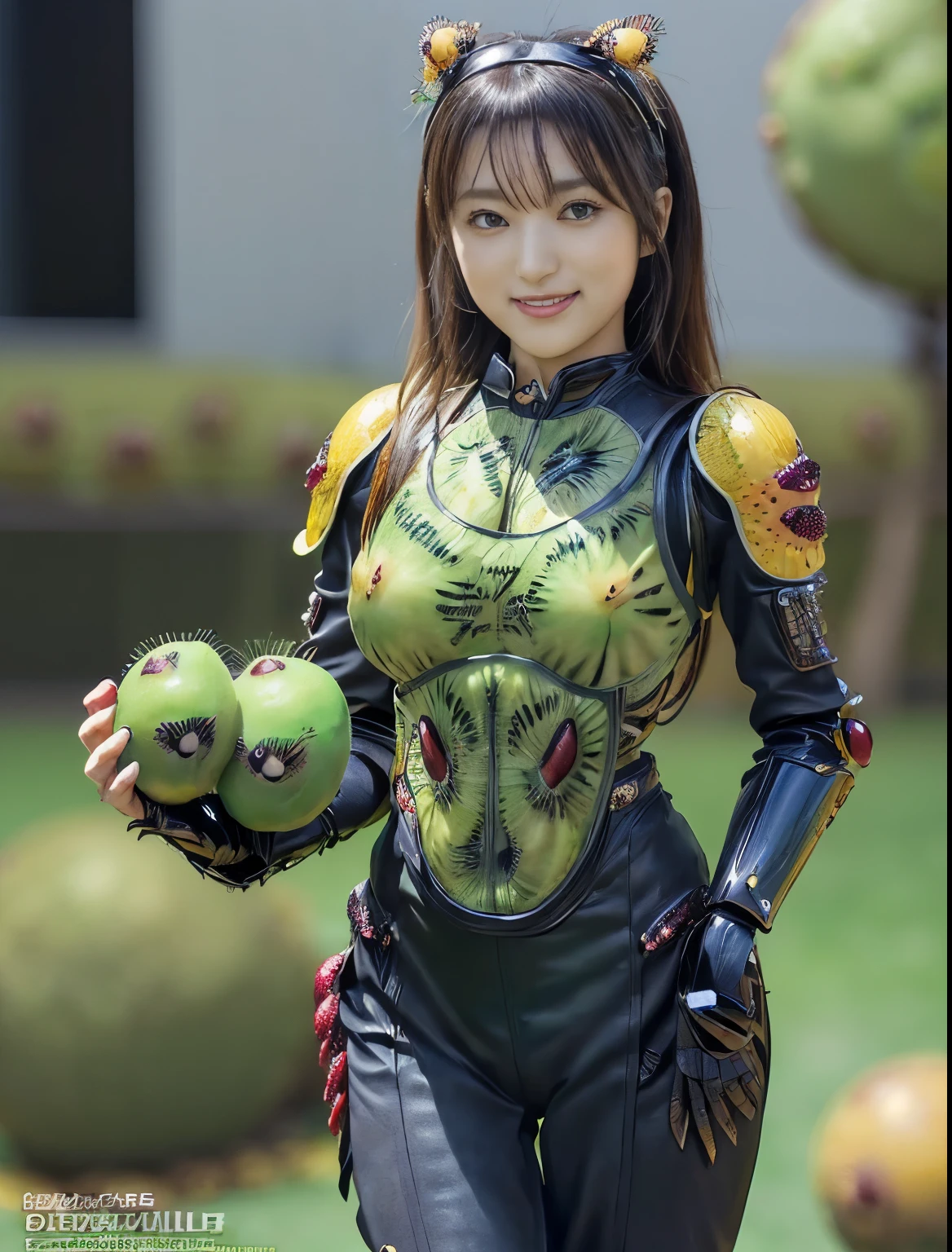 (high resolution,masterpiece,best quality,extremely detailed CG, anime, official art:1.4), realistic, full body, photo, amazing fine details, all intricate, gloss and shiny,awesome many layers, 8k wall paper, 3d, sketch, kawaii, illustration,( solo:1.4), perfect female proportion,villainess, (fusion of kiwi and lady:1.4), (two kiwi fruit balls on breasts costume:1.6), (kiwi fruit lady:1.2), (fusion:1.2), (solo:1.4), (evil smile:1.2), muscular, abs, (kiwi exoskeleton bio insect suit:1.4), (kiwi exoskeleton bio insect armor:1.2), (two big kiwi fruits cover up breasts:1.4), (kiwi fruit headgear:1.1),