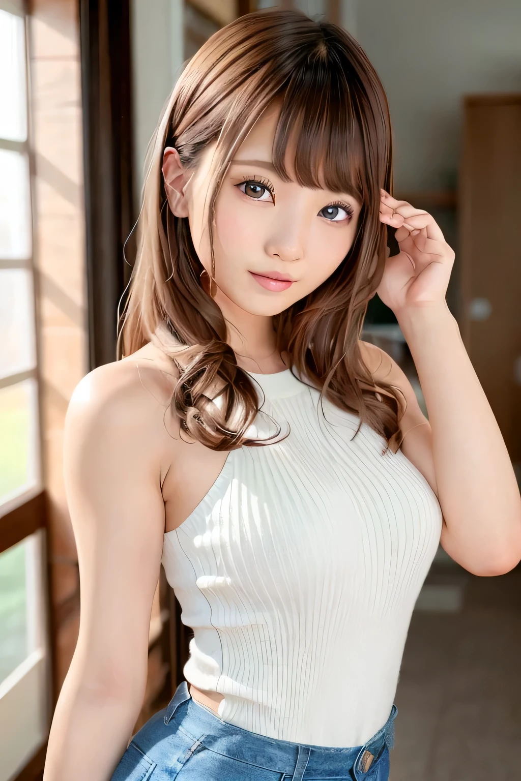 (Skin blemishes:1.2),1womanl, 18 years old, (((femele))), (Skindentation), a gorgeous, solo, realisitic, top-quality, Photorealsitic, ​masterpiece, 8K, hight resolution, solo, extra detailed face, cowboy  shot,  passport photo, fullface, (profetional lighting、bokeh dof), (light particules、lensflare、Luminous particles:0.6)、(dynamicposes:1.2)、Soft lighting、Top Angle View、Fashionable and trendy atmosphere、((Look at viewers))、 (looking in camera)、(portlate:0.6)、is standing、Upper body、close up of face、(large breasts:1.5)、(The long-haired)、brown haired、Floating hair、Nass、s lips、lipsticks、seducting smile、Sweaters、jaket、skirt by the、Black-rimmed glasses, (slim body:1.5), (good fingers:1.5),