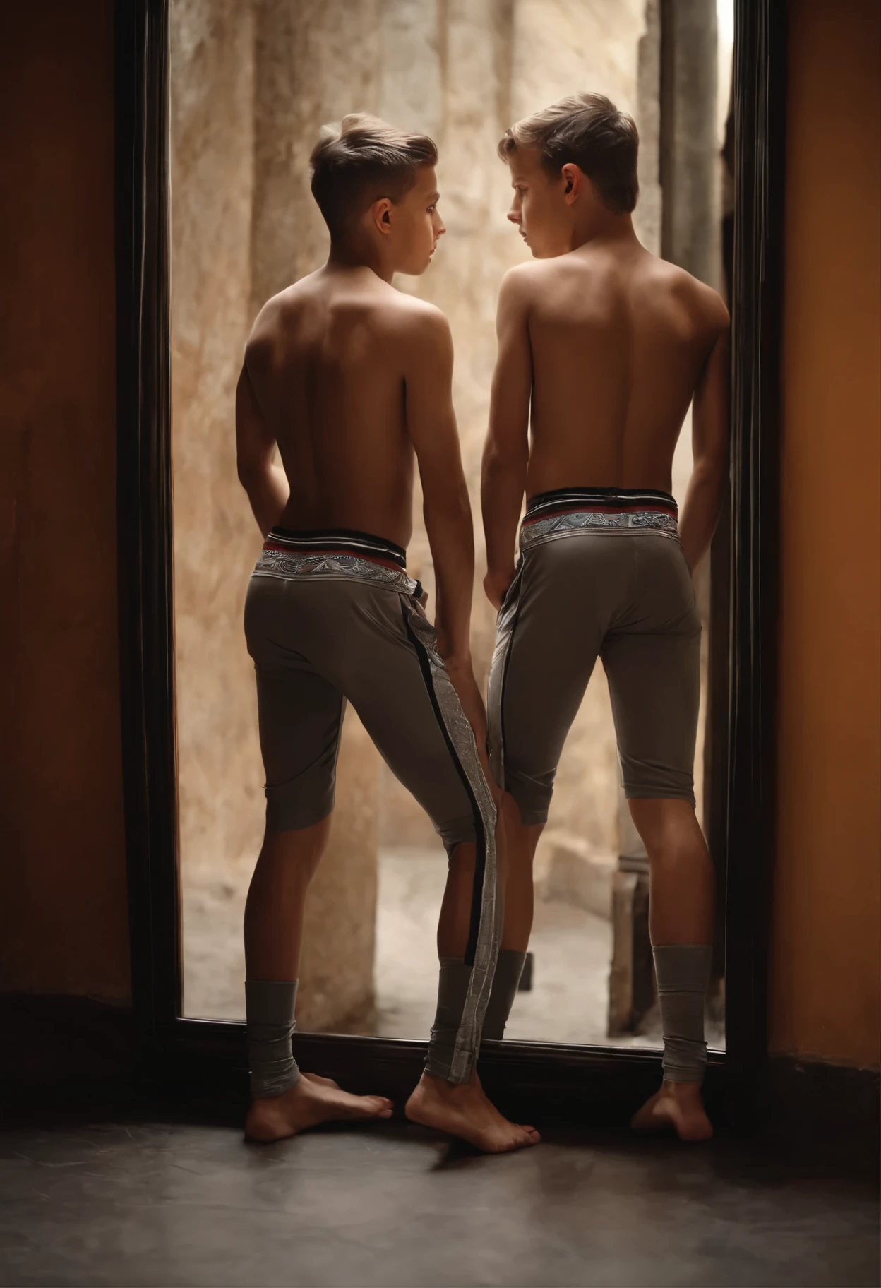 Two climbing boys in short gray pants seeing themselves in a mirror, muscular teenagers in tight-fitting Mayan-type pants that are tighter to their body and that are sweaty and that burn tighter to their body