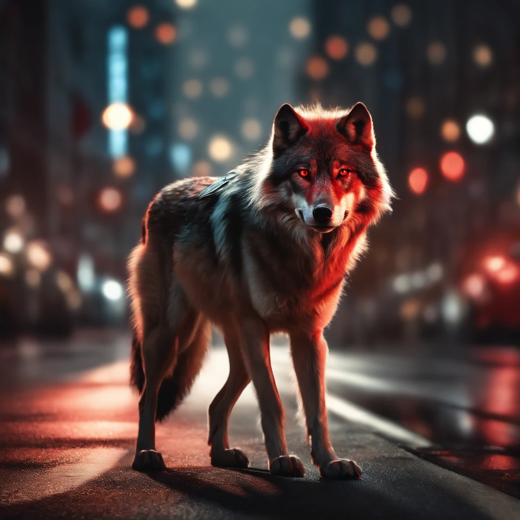 (Better details, high quality), Furry wolf, walking through city, (night, Bright Lights, city environment), (dynamic framework, Intense expression, messy hair), (Bright red eyes, detail jacket), (Colored spots, Slippery streets), (Focus on the wolf's head), (Bright focus on the eyes).