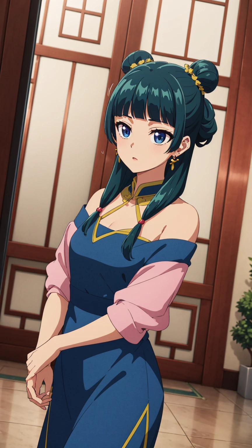 Top quality (8K, high resolution, masterpiece: 1.2), Super detailed, Anime art style, Dynamic angle,  style, (cheongsam, Off-shoulder, cosmetic, earrings,, indoor,), Fine green hair, Detailed blue eyes, Complex hairstyle, long hair , slim, Bright Eyes, young, Hair accessories, earrings, Half bun, Slightly dull bangs, Detailed lighting, Vibrant colors, Looking at the audience, In the center of the image, Cowboy shooting,