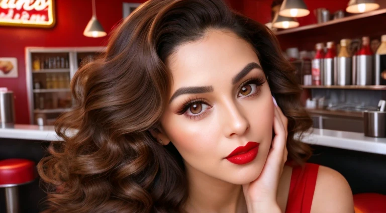 37 years old, beautiful, North American woman, with big brown eyes and wavy and voluminous medium brown hair, voluminous lips, and red lipstick, triangular face, wearing a red dress with a low neckline, influencer (selfie) and model, is putting her hands on own face in a retro diner