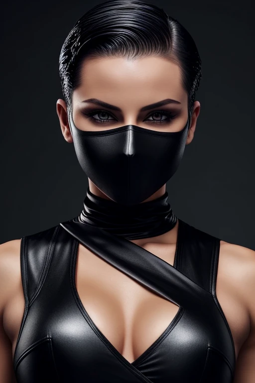 Gorgeous european woman with short hair, short hair, wet hair, hair slicked back, combed straight back, slick hair, black gradient hair, dressed as a ninja, cleavage, solid dark grey background