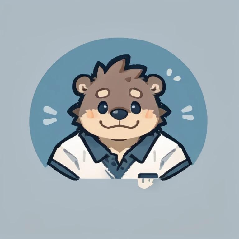 otter face,Cute face,Humanity(otter), (White short sleeve:1.3),Chubby,(white eyebrows:1.1),(Upper body naked:1.2),(perfect black eyes),Simple background, Blue Background,print style。(Artist:Takemoto Arashi)