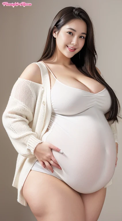 fat woman、Wear a white cardigan.、long sweater、Thick waist、abdomen big、big breasts、Japan、round face、、dribbling、smile、spread your arms、Spread your crotch、realistic、realistically,8k,Sharp picture,abdomen,pregnant,