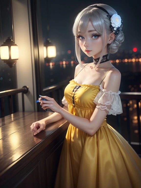 One Woman、Yellow Dress、Gray Hair、((blue eyes))、Captivating eyes、Night view