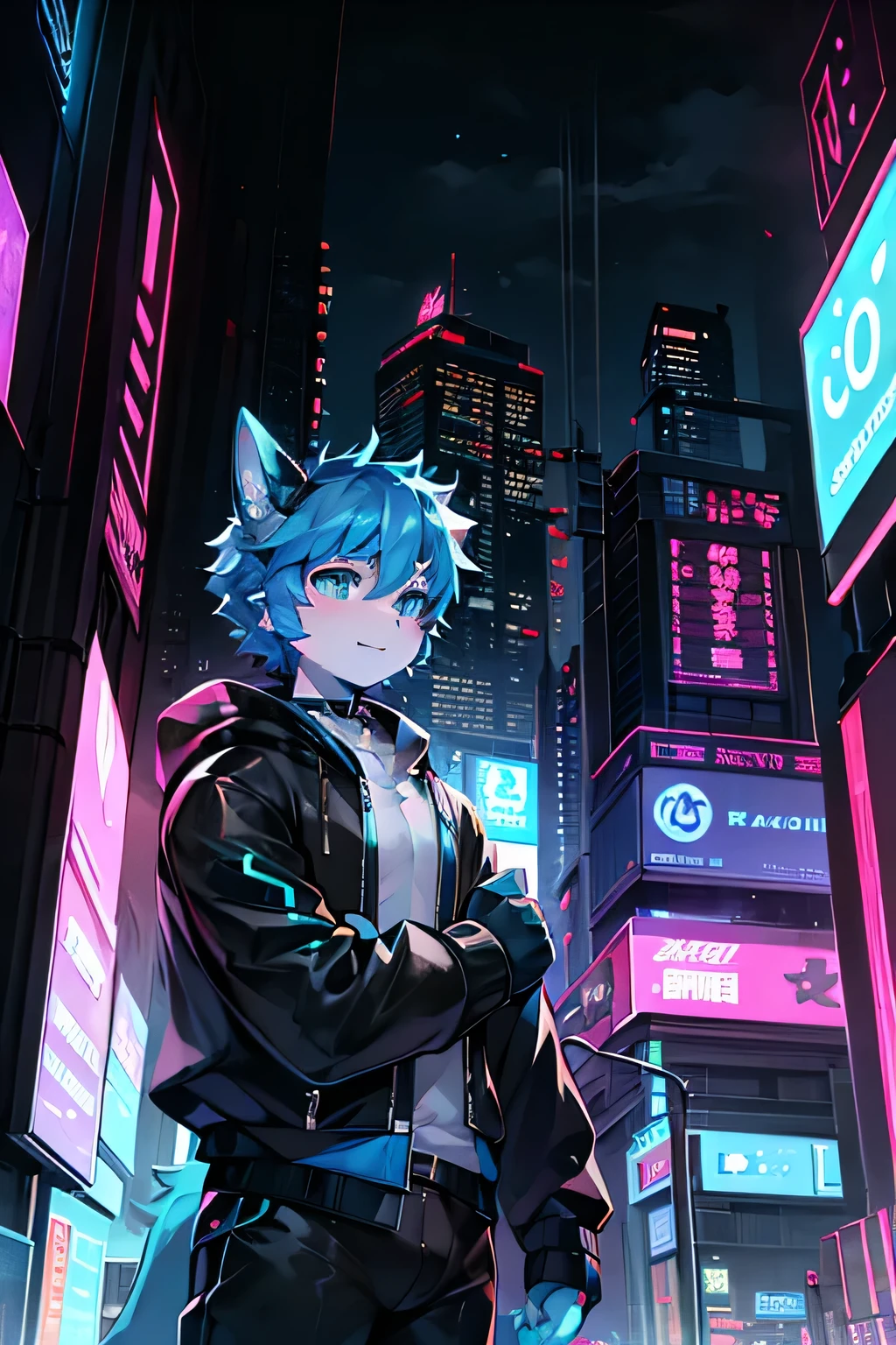 raposa marmore furry, tipo anime, olhos grandes, the hair is neon blue, preto e branco, roupas futuristas, cyberpunk，pupilas azuis corpo inteiro, raposa macho, young guy he is in a futuristic city, It&#39;s night, cidade movimentada, no meio da times square, olhando para cima, cabelos completamente azul, usando casaco futurista 
