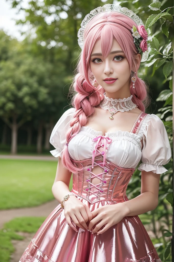 ((nsfw)), sexy stylish Swedish model, only 1 female, ((doll-like appearance)), long neon pink stylish hair, ((shiny Victorian-Style boots)), beautiful smile, ultra detailed eyes, vivid eye makeup, lipgloss, long lashes, defined eyebrows, ((sexy Paradise Kiss cosplay)), bell-shaped skirt, petticoats, high neckline, puffed sleeves, (( ultra detailed lace)), ((ultra detailed embroidery)), intricate details, Paradise Kiss accessoires and matching headpiece, choker, ((large sparkling Paradise Kiss jewelry)), cinematic light, detailed large park background with trees