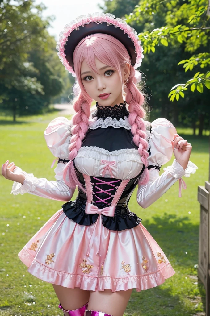 ((nsfw)), sexy stylish Swedish model, only 1 female, ((doll-like appearance)), long neon pink stylish hair, ((shiny Victorian-Style boots)), beautiful smile, ultra detailed eyes, vivid eye makeup, lipgloss, long lashes, defined eyebrows, ((sexy Paradise Kiss cosplay)), bell-shaped skirt, petticoats, high neckline, puffed sleeves, (( ultra detailed lace)), ((ultra detailed embroidery)), intricate details, Paradise Kiss accessoires and matching headpiece, choker, ((large sparkling Paradise Kiss jewelry)), cinematic light, detailed large park background with trees 