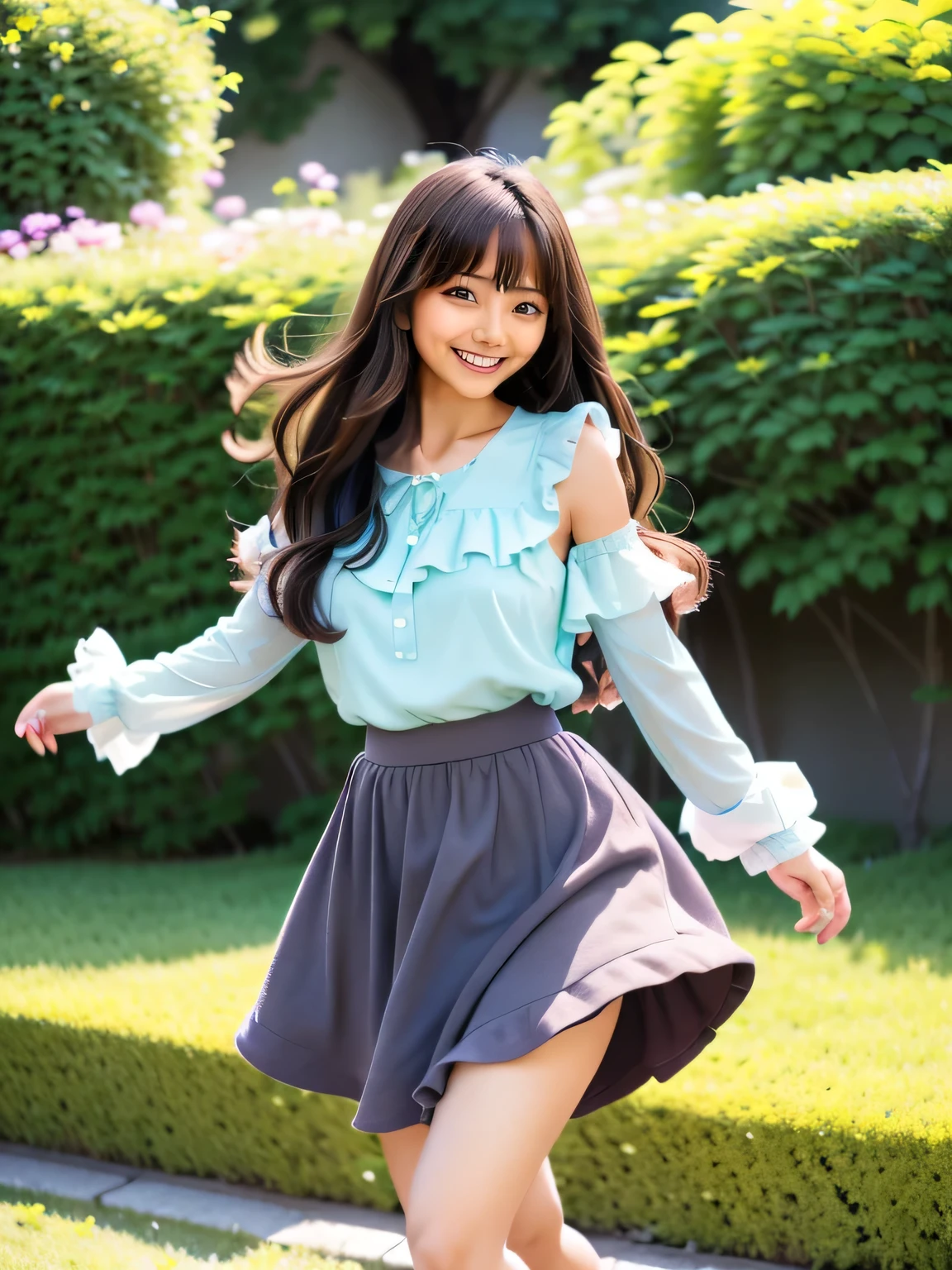 Her hair is long and straight, black., She is wearing a fluffy frilly blouse, A skirt with lots of fluffy frills, Fluffy pastel colored skirt, dancing, Posing, Jumping, Face that faithfully reproduces the face of LoRA, High resolution, Very detailed, Natural Bangs, highest quality
