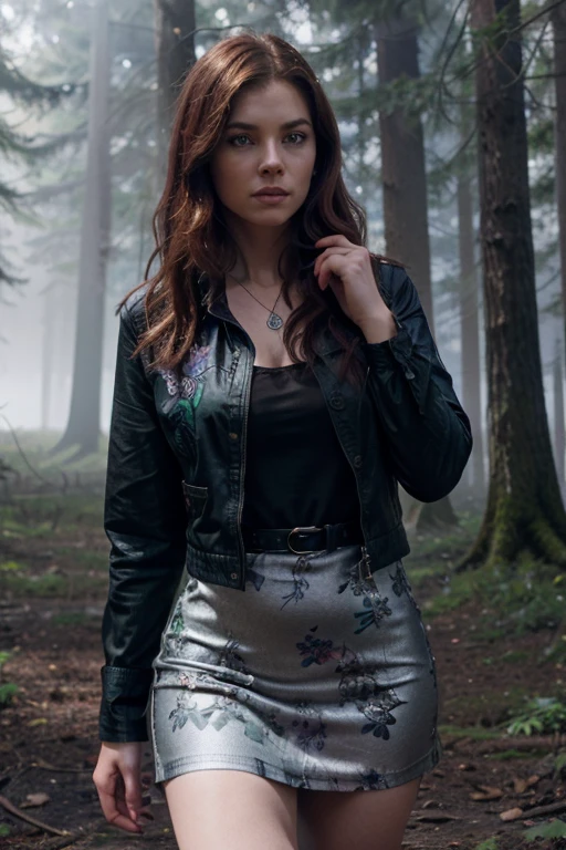 Eaddy Mays,Victoria Argenta, Teen Wolf, 40 years old, short messy reddish brown hair, blue eyes, violet dress blouse with green floral print, dark black jean dress jacket, black jean pants, black combat boots , silver pendant, white wolf print. Forest background with fog aura around black color.