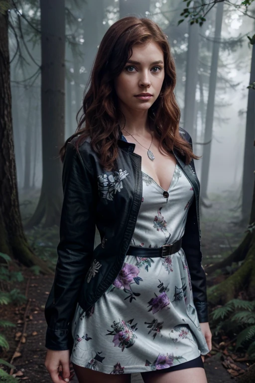 Eaddy Mays,Victoria Argenta, Teen Wolf, 40 years old, short messy reddish brown hair, blue eyes, violet dress blouse with green floral print, dark black jean dress jacket, black jean pants, black combat boots , silver pendant, white wolf print. Forest background with fog aura around black color.