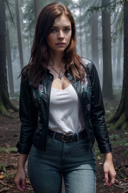 Eaddy Mays,Victoria Argenta, Teen Wolf, 40 years old, short messy reddish brown hair, blue eyes, violet dress blouse with green floral print, dark black jean dress jacket, black jean pants, black combat boots , silver pendant, white wolf print. Forest background with fog aura around black color.