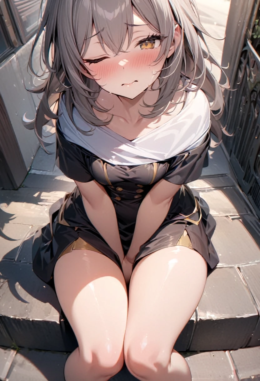 Absurd resolution, high resolution, (masterpiece:1.4), ultra-detailed, 1girl, wide-angle lens distortion, shy, sitting, sexual invite expression, in a street, thighs, hand between legs, have to pee, leg together, cute, one eye closed