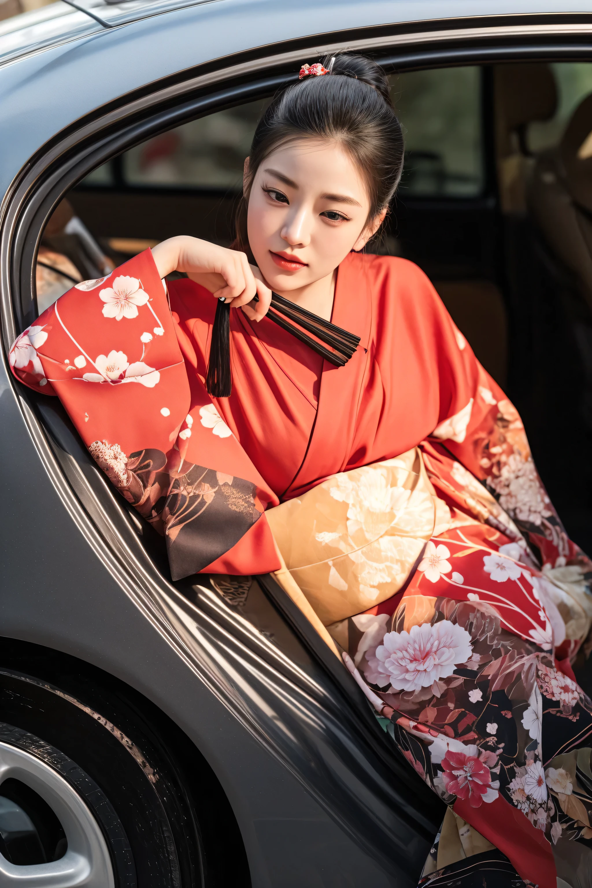 woman in kimono sitting in car with chopsticks in hand, in kimono, wearing kimono, japanese kimono, red kimono with flower patterns, classic kimono, wearing a kimono, elegant japanese woman, kimono, red kimono, in a kimono, intricate geisha kimono, wearing royal kimono, wearing a haori, classy yukata clothing, hakama kimono, japaneese style