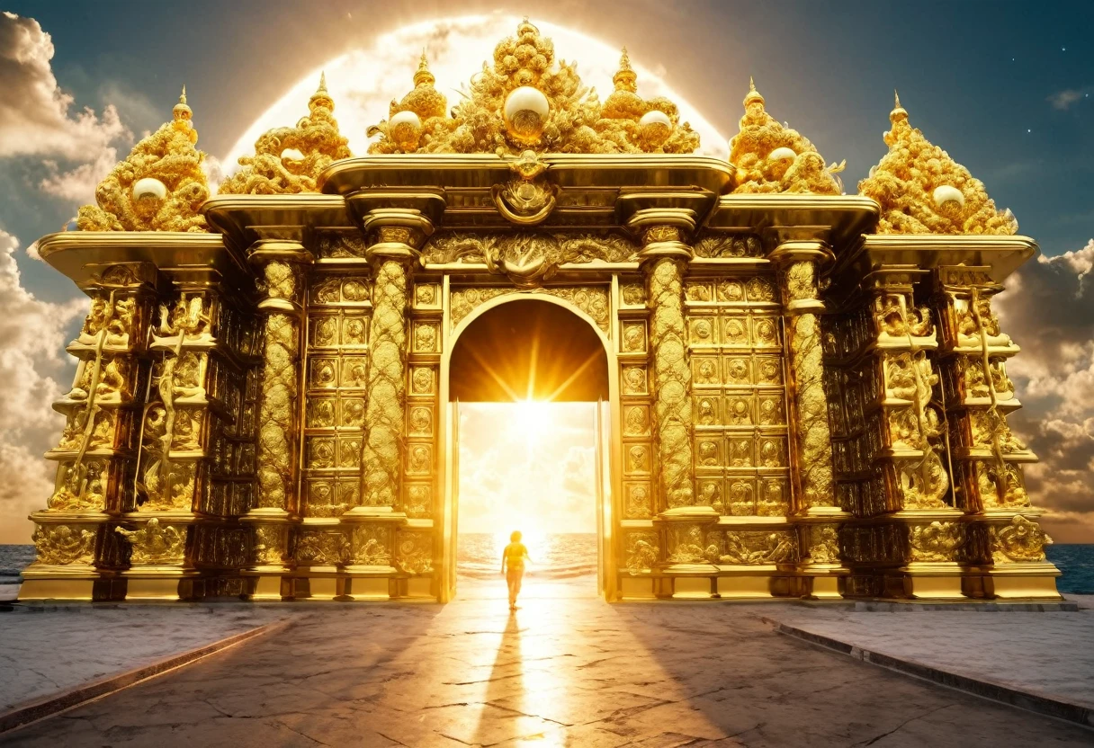 Make a scene in the sky where the doors are made of pure gold, the street is made of pure gold, the sea is made of crystal and God is the sun itself