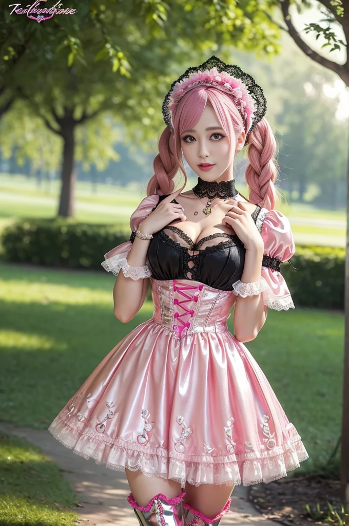 nsfw, sexy stylish Swedish model, only 1 female, ((doll-like appearance)), long neon pink stylish hair, ((shiny Victorian-Style boots)), beautiful smile, ultra detailed eyes, vivid eye makeup, lipgloss, long lashes, defined eyebrows, ((sexy Paradise Kiss cosplay)), bell-shaped skirt, petticoats, high neckline, puffed sleeves, (( ultra detailed lace)), ((ultra detailed embroidery)), intricate details, Paradise Kiss accessoires and matching headpiece, choker, ((large sparkling Paradise Kiss jewelry)), cinematic light, detailed large park background with trees