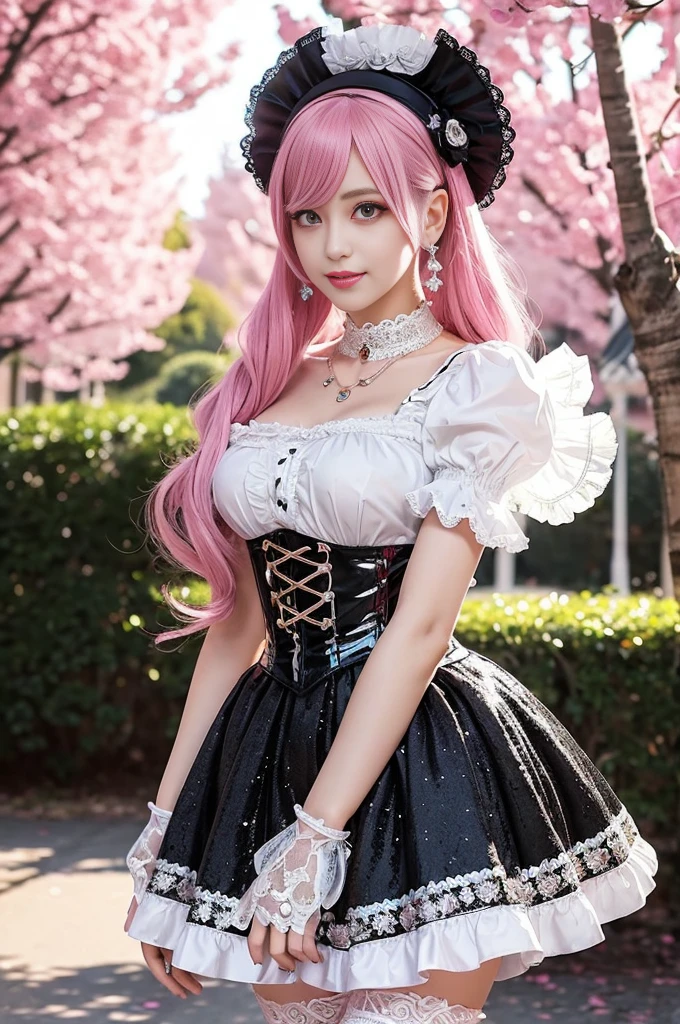 nsfw, sexy stylish Swedish model, only 1 female, ((doll-like appearance)), long neon pink stylish hair, ((shiny Victorian-Style boots)), beautiful smile, ultra detailed eyes, vivid eye makeup, lipgloss, long lashes, defined eyebrows, ((sexy Paradise Kiss cosplay)), bell-shaped skirt, petticoats, high neckline, puffed sleeves, (( ultra detailed lace)), ((ultra detailed embroidery)), intricate details, Paradise Kiss accessoires and matching headpiece, choker, ((large sparkling Paradise Kiss jewelry)), cinematic light, detailed large park background with trees 