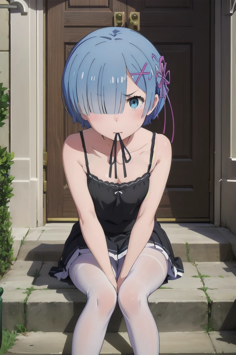 (((Pixel Perfect, Perfect details))), solitary, 1 girl,  Rem,camisole，miniskirt，White pantyhose，looking at the audience, Disgusted face，angry face, Mouth slightly open,Sitting on the steps，Those who don't wear shoes