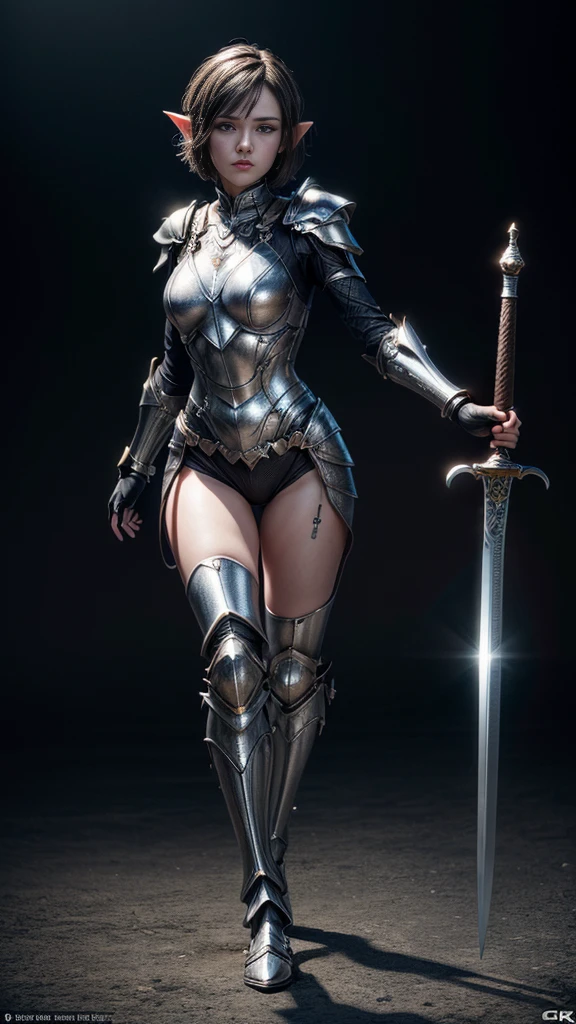 8K, Best Quality, Masterpiece, Ultra High Resolution,(Ultra-detailed face, Eyes wide open:1.3), (Full Body:1.3), (highly detailed CG unity 8k wallpaper), (best illustration), (best shadows), isometric 3D , octane rendering, ray tracing, highly detailed, an elf in shiny metal armor fights with a sword, black short hair, looking into camera